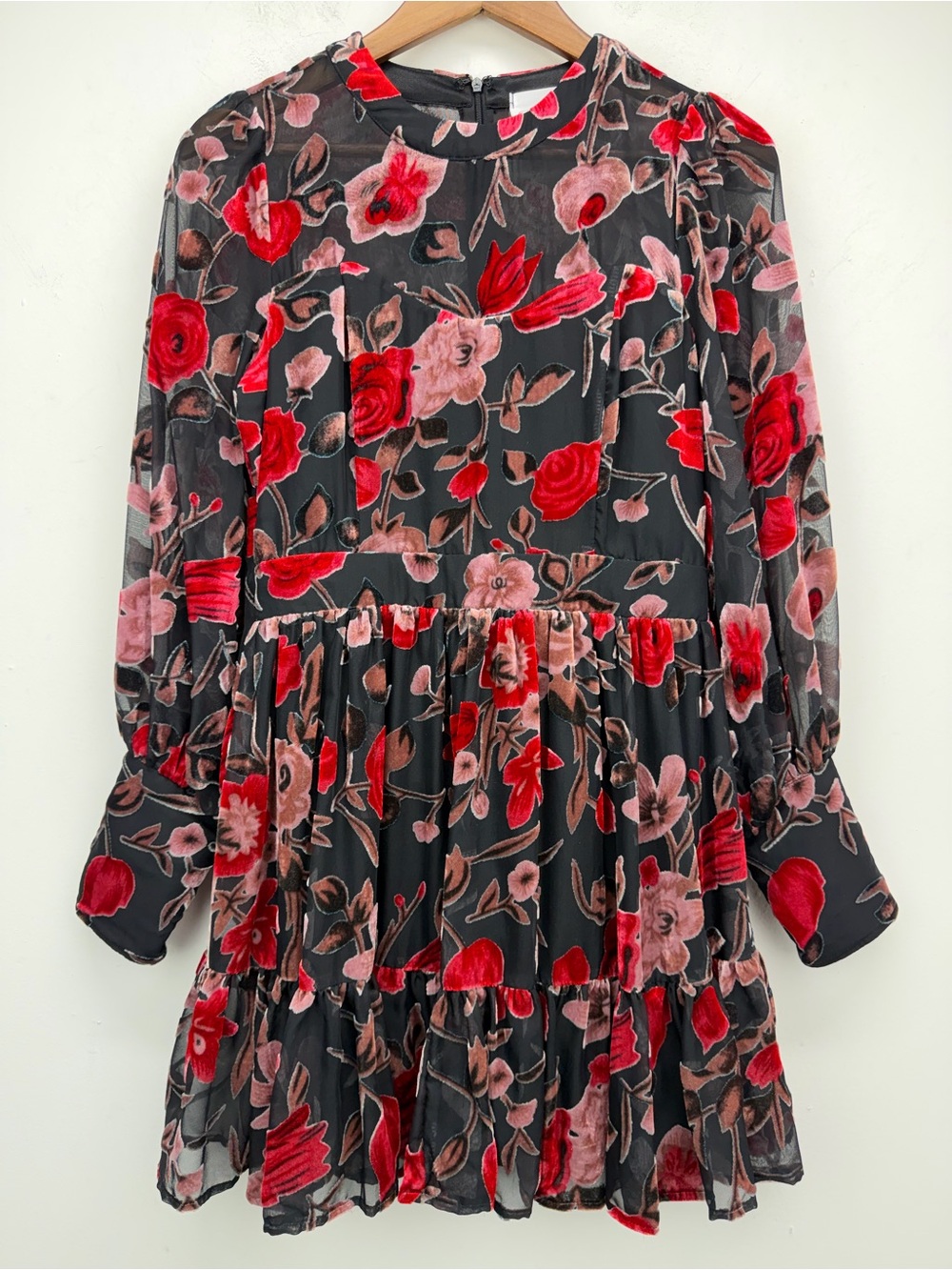 DeeDee size Small Juniors Black Red Velvet Floral Long Sleeve Tiered Mini Dress
